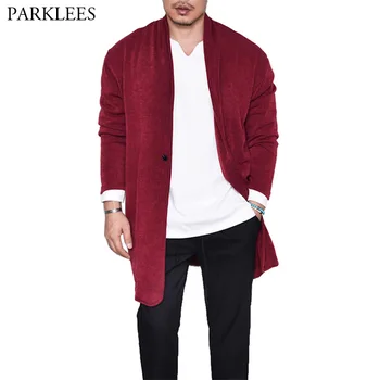 

Wine Red Open Front Men Cardigan Sweater With Pocket 2018 Winter New Longline Mens Knitwear Casual Slim Fit Drape Cape Overcoat