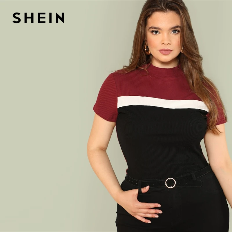 SHEIN Multicolor Plus Size Color Block Rib Knit Fitted Stand Collar Stretchy Tee 2019 Summer Women Short Sleeve Casual T Shirts
SHEIN Multicolor Plus Size Color Block Rib Knit Fitted Stand Collar Stretchy Tee 2019 Summer Women Short Sleeve Casual T Shirts