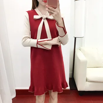 Chic Sash Bow Neck Straight Sweater Dress 2018 Winter New Hit Color Patchwork Knee-Length Knit Dress Sweet Long Sleeve Dress
Chic Sash Bow Neck Straight Sweater Dress 2018 Winter New Hit Color Patchwork Knee-Length Knit Dress Sweet Long Sleeve Dress