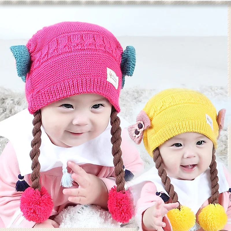 Детская зимняя шапка с бантом и париком косичка для девочек детская теплая