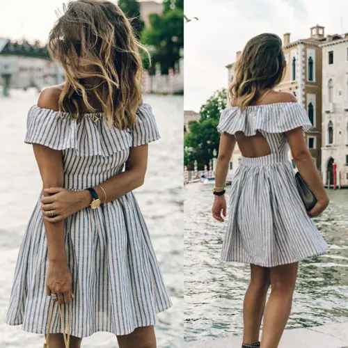Женское платье с высокой талией Boho Летнее мини-платье для отдыха открытыми