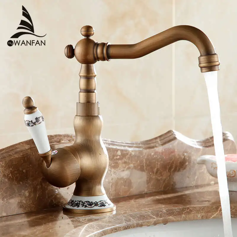 

Basin Faucets Antique Brass Deck Mounted Bathroom Sink Faucet Single Handle Swivel Spout Hot Cold Water Mixer Water Tap AL-9212F