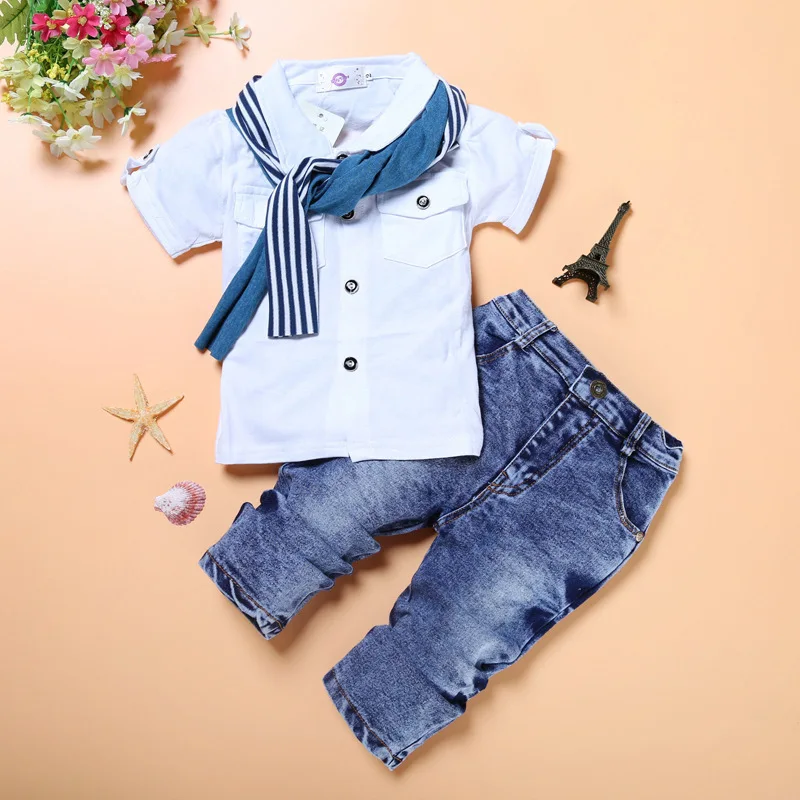 Baby Boy Clothes Casual T-Shirt+Scarf+Jeans 3pc Baby Clothing Set Summer Child Kids Costume For Boys 2017 Toddler Boys Clothes 14