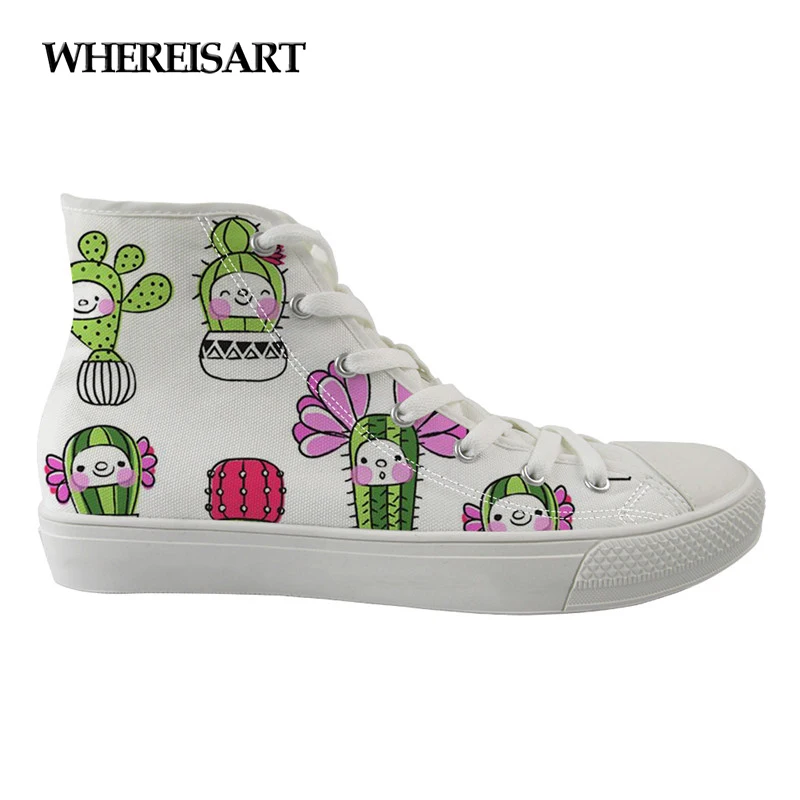 WHEREISART 2019 Women Vulcanize Fashion Shoes LACE-up Flat Shoes for Teen Girls Style High Top Canvas Puma Shoes 3D Print plants
