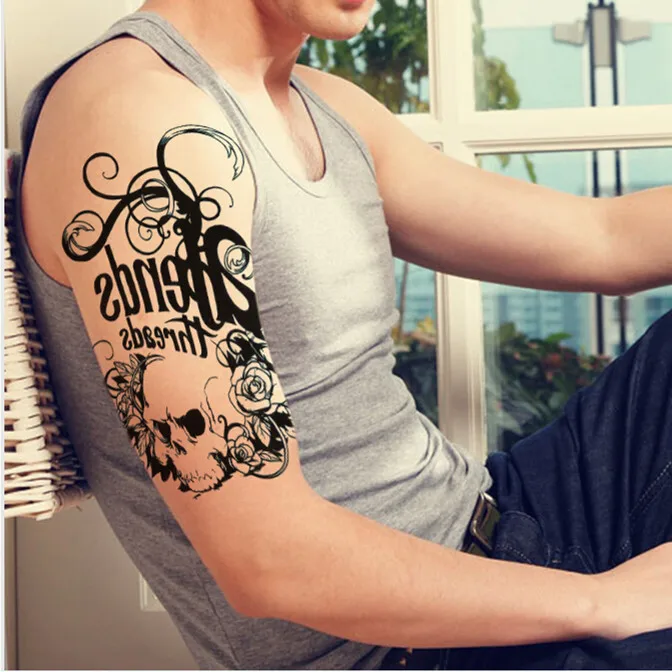 Image Temporary tattoo 3D black mechanical flower death skull fake arm transfer tattoo stickers sexy cool men spray waterproof designs