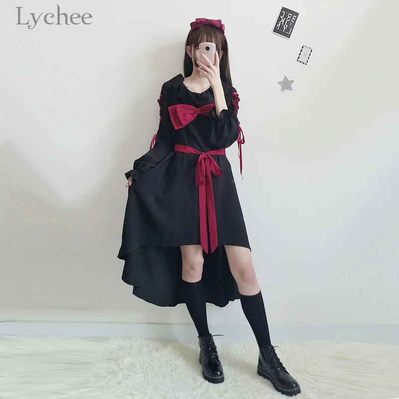 Lychee Lolita Gothic Women Dress Irregular Lace Up Bow Tie Ruffled Long Sleeve Casual Loose A-line Knee Length Dress
Lychee Lolita Gothic Women Dress Irregular Lace Up Bow Tie Ruffled Long Sleeve Casual Loose A-line Knee Length Dress