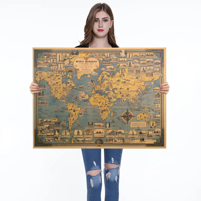 world map blue background antique poster wall sticker home