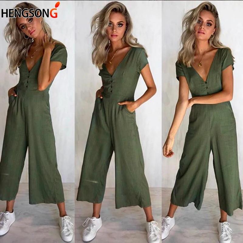 HENGSONG Women Sexy Deep V Neck Button Short Sleeve Summer Casual Soild Rompers Elegant Wide Leg Jumpsuit 723431
HENGSONG Women Sexy Deep V Neck Button Short Sleeve Summer Casual Soild Rompers Elegant Wide Leg Jumpsuit 723431