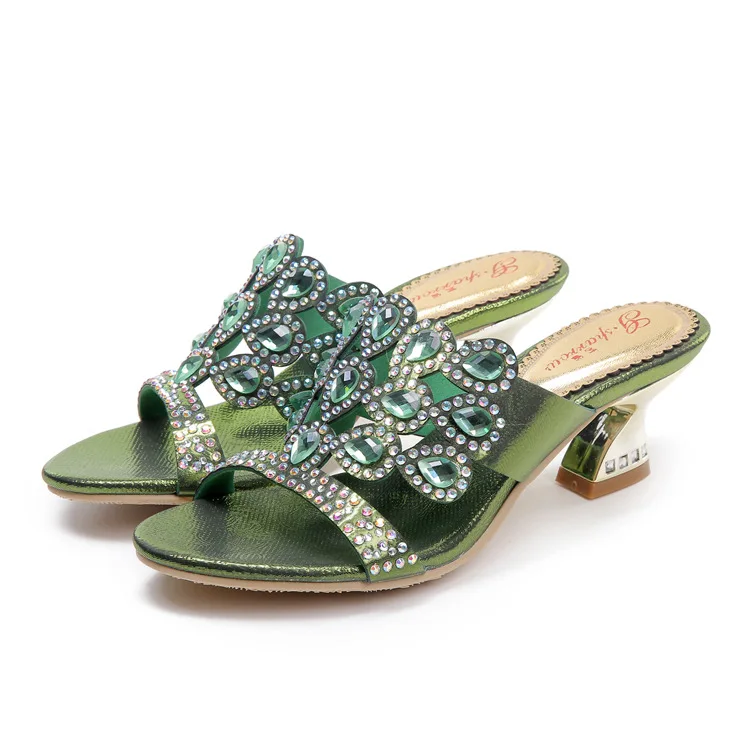 2016 New Diamond Sandals Green Cheap Chunky High Heels Best Luxury Casual Shoes Ladies Leather Slippers8
