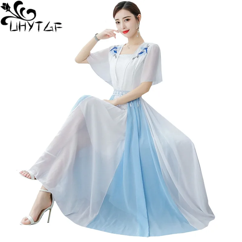 UHYTGF Womens Beach dress Chinese style retro summer dress Short sleeve large swing long dresses Elegant woman party dresses 590
UHYTGF Womens Beach dress Chinese style retro summer dress Short sleeve large swing long dresses Elegant woman party dresses 590