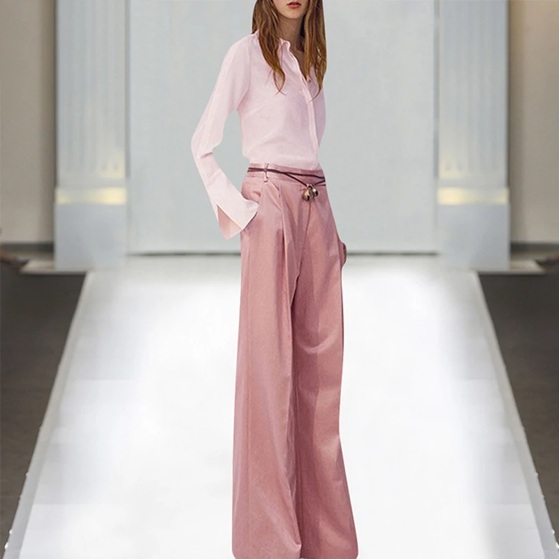 Women Runway Twin Sets Pink Blouse Loose Trousers Solid Color Casual Two Pieces Pants Sets New Summer Asian Style
Women Runway Twin Sets Pink Blouse Loose Trousers Solid Color Casual Two Pieces Pants Sets New Summer Asian Style