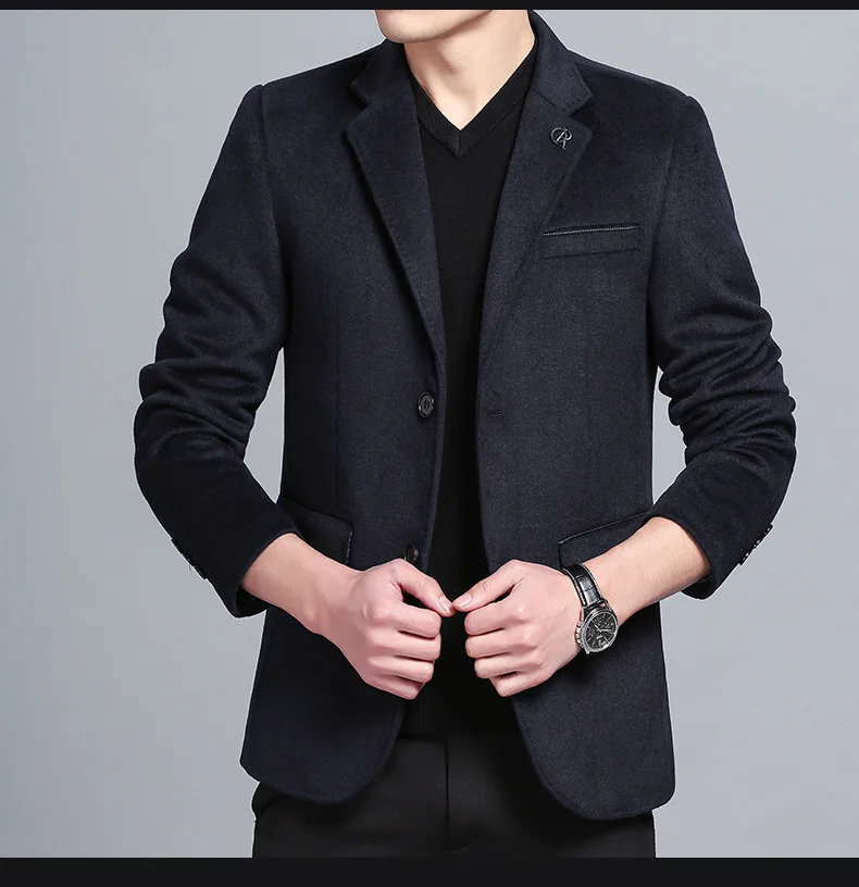Waliicorners Wool Coat Men's Casual Solid Color Multi-Pocket Slim Fit Wool Blends Woolen Pea Coat Male Trench Coat Overcoat 55
