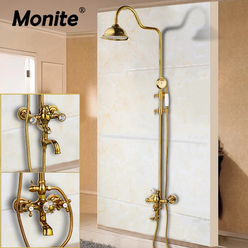 Monite Golden Plated Solid Brass Bathroom Bathtub Shower Set Rainfall Head Crystal Dual Handles Faucet Mixer Tap | Обустройство дома