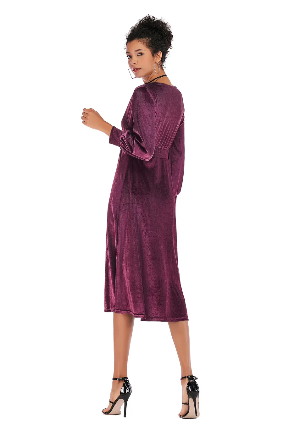 Gladiolus 2018 Autumn Winter Dress Women Long Sleeve V-Neck Tunic Swing Midi Sexy Gold Velvet Dress Women Evening Party Dresses (13)