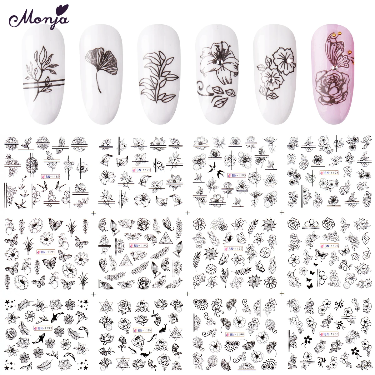 Monja 12pcs Nail Art Stickers Flower Butterfly Series Black Water Transfer Decal DIY Watermark Nail Decals Manicure Decoration
Monja 12pcs Nail Art Stickers Flower Butterfly Series Black Water Transfer Decal DIY Watermark Nail Decals Manicure Decoration