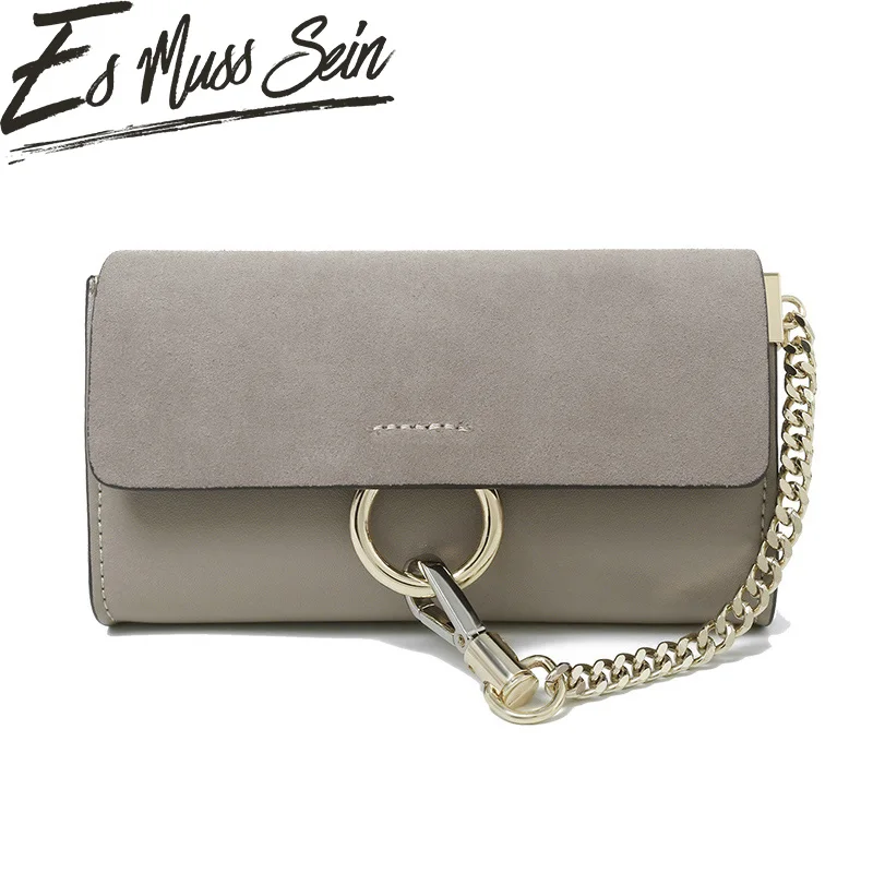 

EsMussSein Socialite Metal Ring Flap Crossbody Bags Genuine Leather Golden Chain Shoulder Bag Women Hasp Flap 7 Colors to Choose