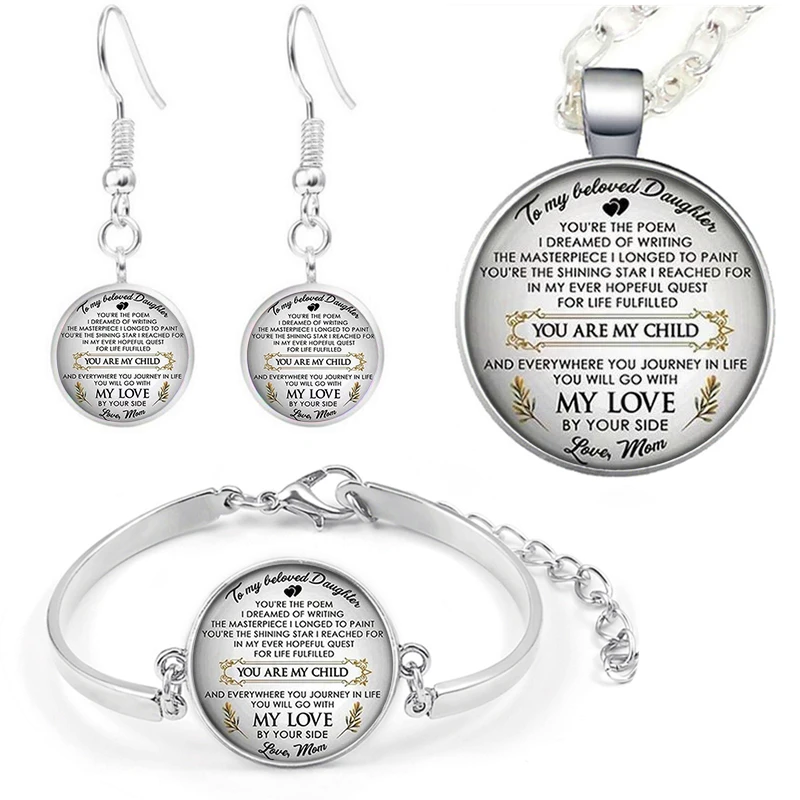 4 Pcs Mom Letter To Daughter Jewelry Sets Letter Photo Necklace Pendant Bracelet Earrings Gift
4 Pcs Mom Letter To Daughter Jewelry Sets Letter Photo Necklace Pendant Bracelet Earrings Gift
