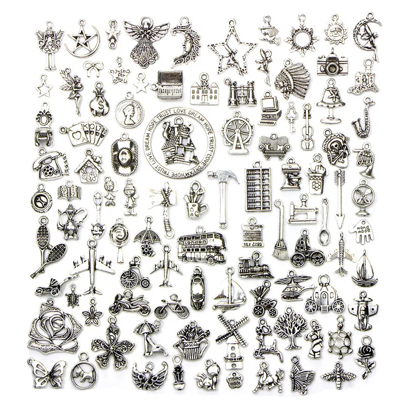 

100 Pcs/Set Lots Mixed Styles Tibetan Silver Charms Pendants DIY Jewelry For Necklace Bracelet Making Accessaries
