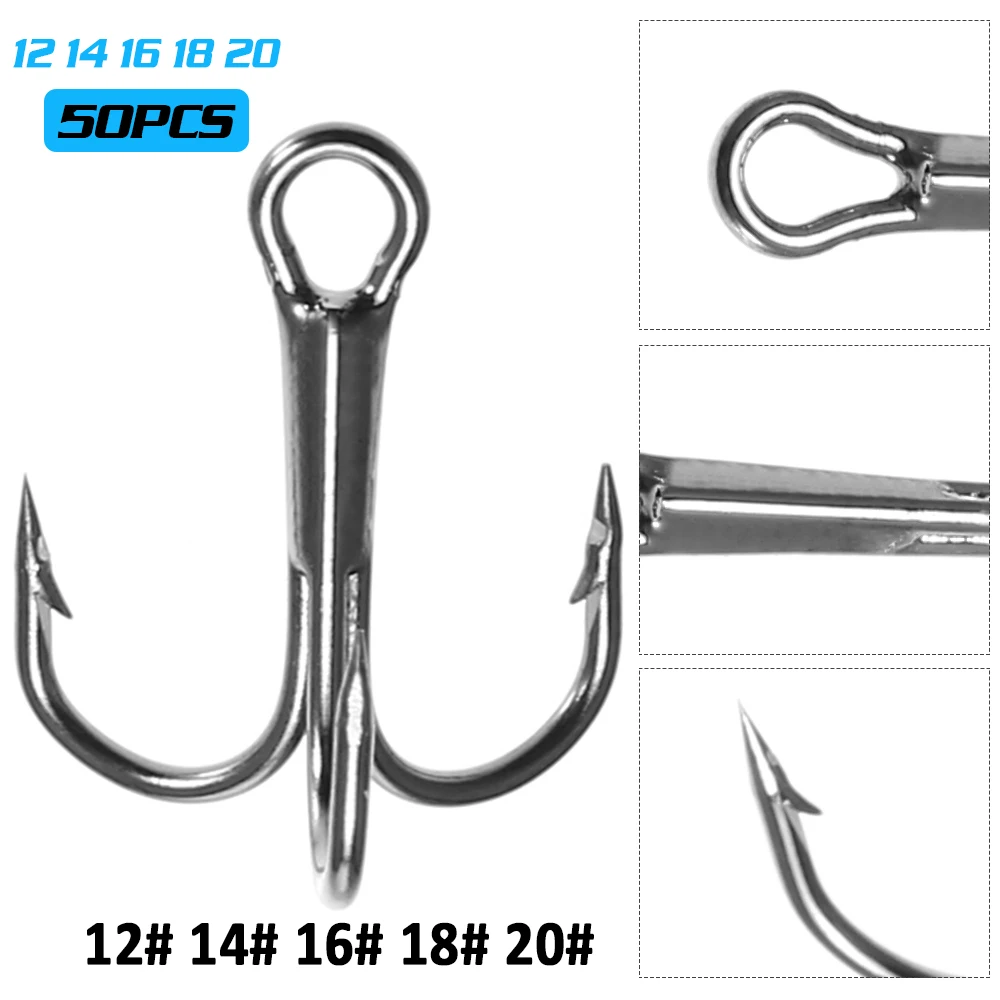

50pcs Treble Fishing Hook Set 5 Sizes #12 - #20 / #2 - #10 High Carbon Steel Carp Fishing Hooks Round Bent Treble Hooks