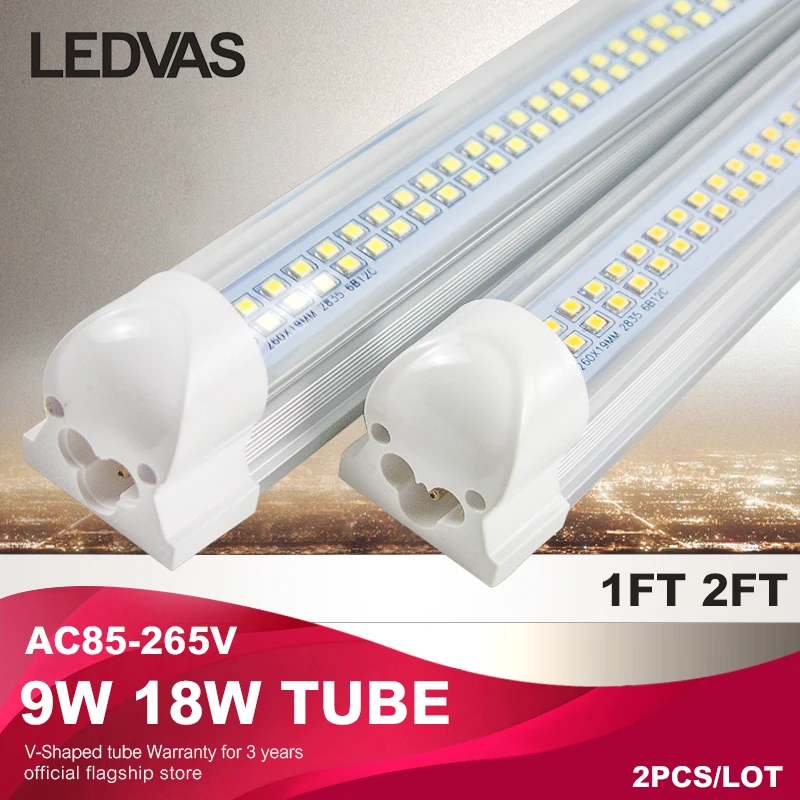 Image LEDVAS 9W 18W T8 integrated LED tube Fluorescent 30cm 60cm 2ft 110v 220v AC85 265V high quality 0.6m Factory direct sale 2 Pack