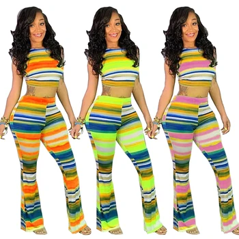 2020 Women Summer Two Piece Set Striped Colorful Print Open Back Lace Up Crop Top and Long Wide Leg Pants Suits Beach Tracksuits
2020 Women Summer Two Piece Set Striped Colorful Print Open Back Lace Up Crop Top and Long Wide Leg Pants Suits Beach Tracksuits