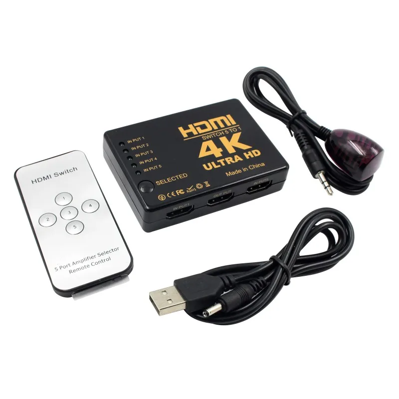 1 Set 3D 5 Port 4K HDMI Adapter Switcher Switch Selector Splitter Hub iR Remote USB to 3.5mm Jack Cable
1 Set 3D 5 Port 4K HDMI Adapter Switcher Switch Selector Splitter Hub iR Remote USB to 3.5mm Jack Cable