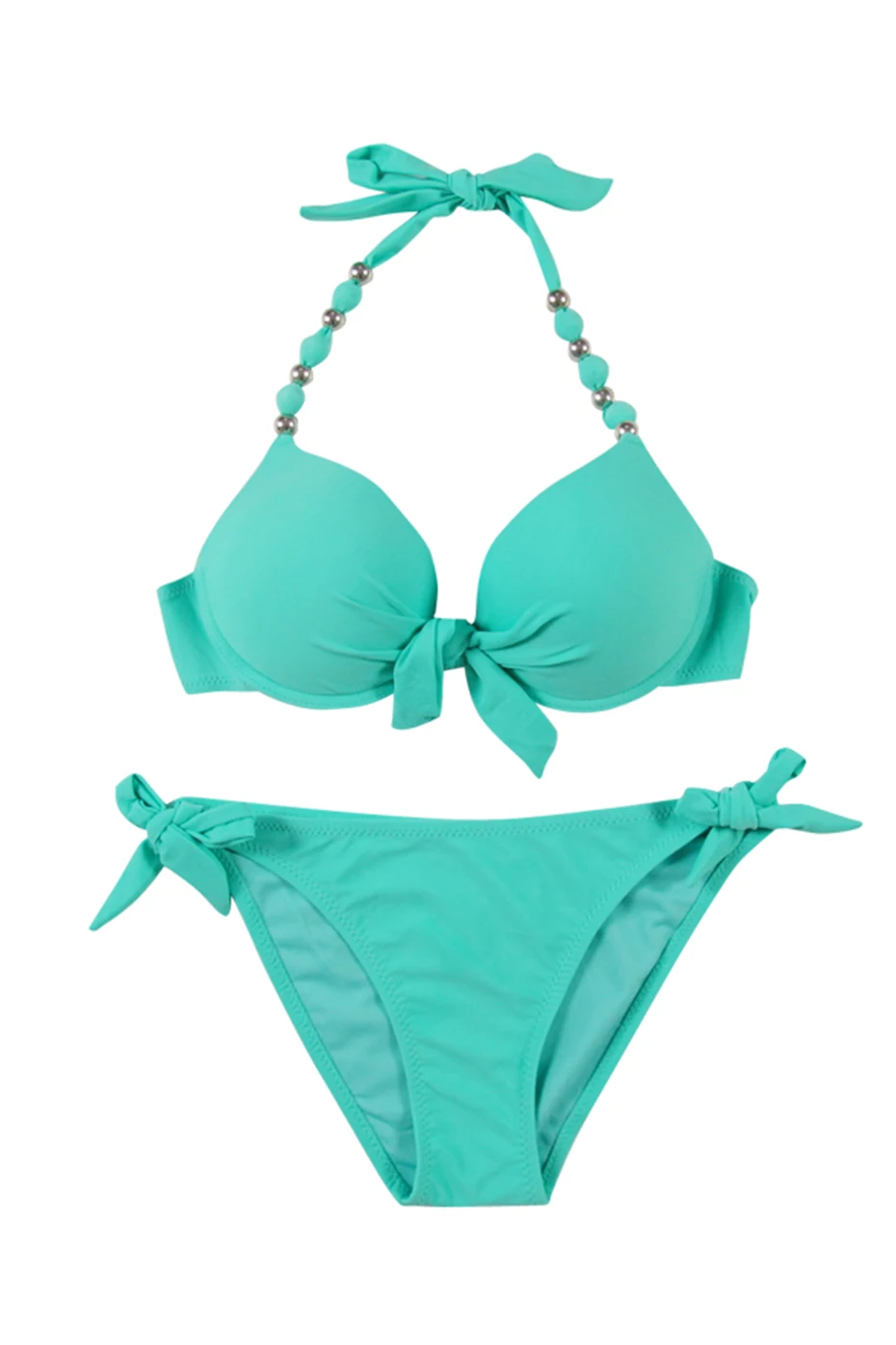 Faerdasi Halter Bikini Set Low Waist Bathing Suits Women Sexy Push Up Beachwear with Tie Side and Center Bow Swimwear Swimsuit 38