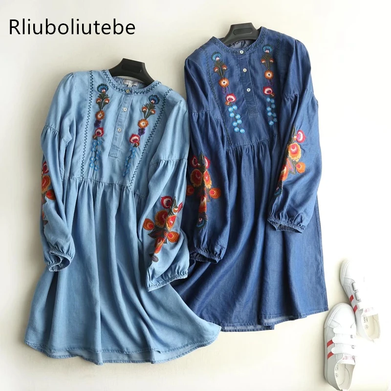Soft Jeans Dress Women Floral Embroidered O Neck Long Lantern Sleeve Spring Summer Tencel Denim Shirt Dress Blue vestido
Soft Jeans Dress Women Floral Embroidered O Neck Long Lantern Sleeve Spring Summer Tencel Denim Shirt Dress Blue vestido