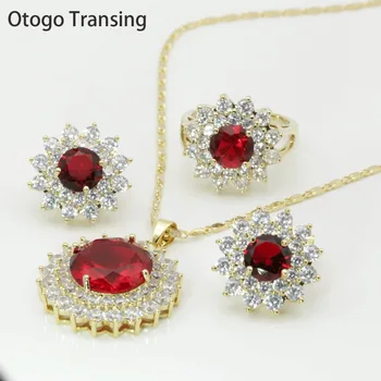 

Otogo Transing Fashion Jewelry Sets Gold Color Women Ring / Earrings / Necklace Red AAAA+ Cubic Zirconia Jewelry Set-S099