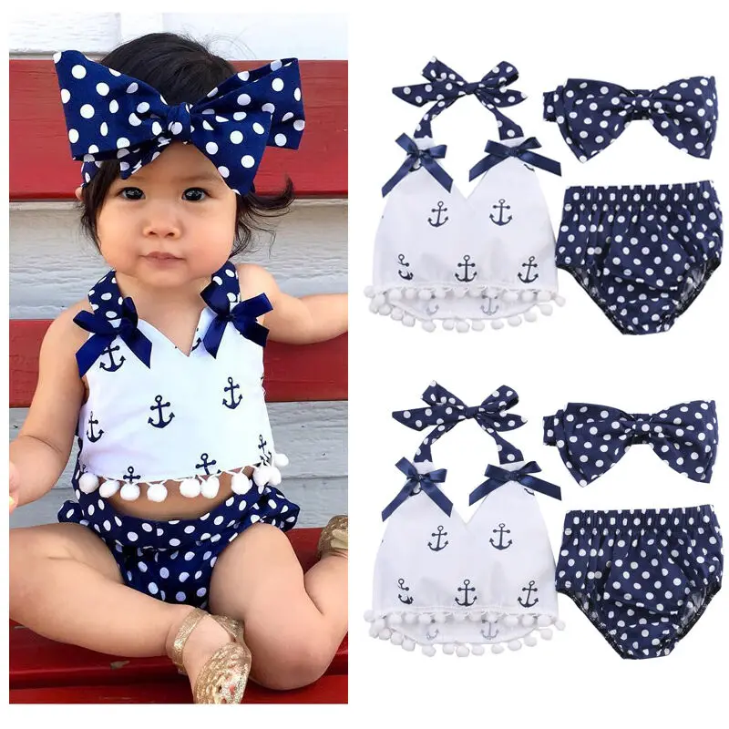 

Newest Fashion Newborn Baby Girl Novelty Clothes Anchor Tops+Polka Dots Briefs+Bowknot Headband Outfits Set Sunsuit 0-24M AU