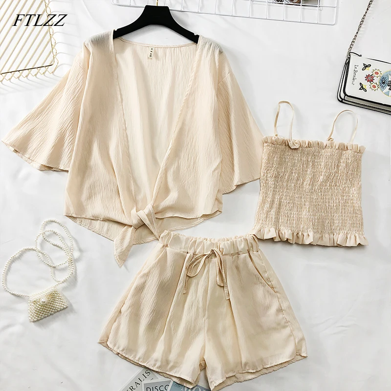 Women Summer Three Piece Set Casual Strap Shirt Tops + Elbow Sleeve Cardigan Coat + Elastic Waist Shorts Female Suit
Women Summer Three Piece Set Casual Strap Shirt Tops + Elbow Sleeve Cardigan Coat + Elastic Waist Shorts Female Suit
