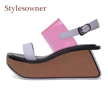 

Summer Holiday Newest Thick Bottom Muffin Shoes Women Pink Transparent Chunky Sole Patchwork Platfrom Wedge Gladiator Sandals