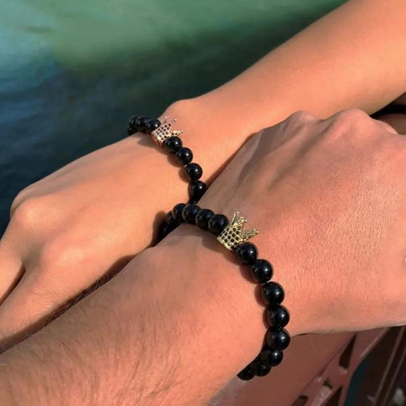 HOT Fashion Charm couples Bracelet Pave CZ King Crown Black lava Stone Bead Bracelet for Men Women Luxury pulseras Jewelry gift
HOT Fashion Charm couples Bracelet Pave CZ King Crown Black lava Stone Bead Bracelet for Men Women Luxury pulseras Jewelry gift