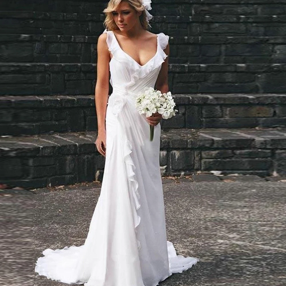 Bbonlinedress Sheath Chiffon Beach Wedding Dresses V Neck Bridal Gowns With Court Train Flower Ruffles Wedding Gowns
Bbonlinedress Sheath Chiffon Beach Wedding Dresses V Neck Bridal Gowns With Court Train Flower Ruffles Wedding Gowns