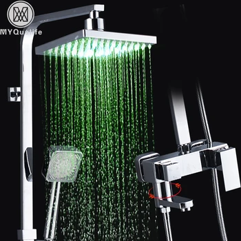 Chrome LED Light Rain Shower Faucet Brass Rotate Spout Shower Mixer Taps LED Color Changing Bath Shower System with Handshower 
Chrome LED Light Rain Shower Faucet Brass Rotate Spout Shower Mixer Taps LED Color Changing Bath Shower System with Handshower
