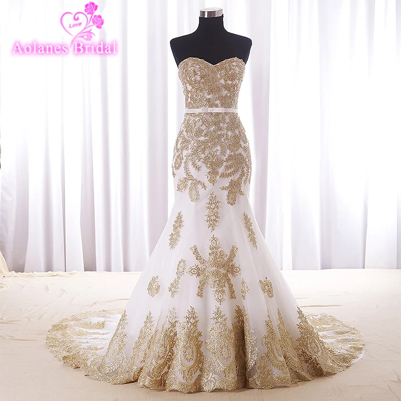 2018 New Arrival Elegant Vestido De Festa Sleeves Mermaid White And Gold Lace Appliques Bridal Wedding Dresses High Own Design | Свадьбы и