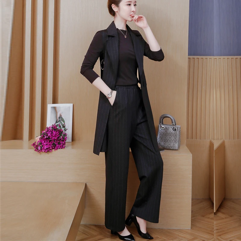 new women's social suits autumn Korean fashion long vest coat T shirt & wide-legged pants three-piece clothing set OL big size
new women's social suits autumn Korean fashion long vest coat T shirt & wide-legged pants three-piece clothing set OL big size