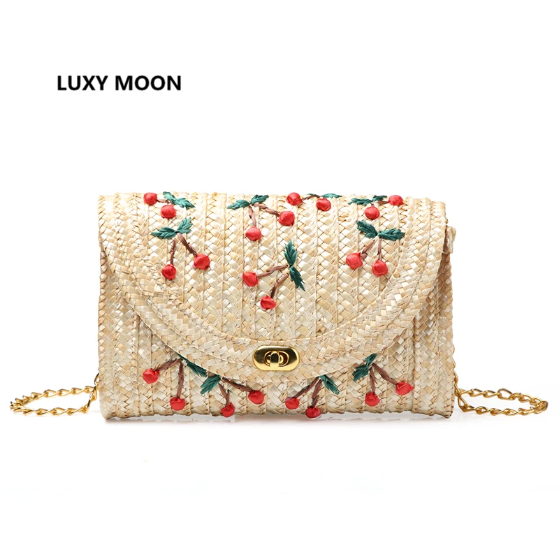 Fruit Cherry Banana Straw Beach Bag for Women Messenger Bags Embroidery Design Summer Cute Flap Chain Shoulder Bag Boho L20