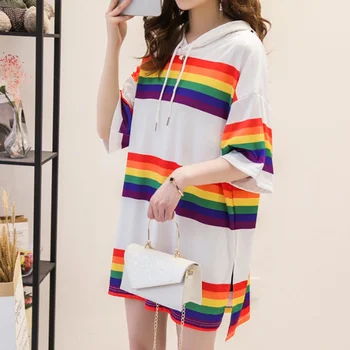 Rainbow Stripe T Shirts Women 2020 Summer Short Sleeve Hooded Drawstring T-shirt Cotton Long Plus Size Tee Shirts
Rainbow Stripe T Shirts Women 2020 Summer Short Sleeve Hooded Drawstring T-shirt Cotton Long Plus Size Tee Shirts