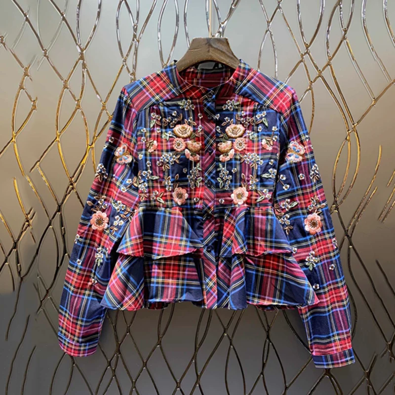 Women Plaid Shirt 2019 Spring New Stand Collar Flower Pattern Embroidery Decoration Ruffled Plaid Long Sleeve Shirt Women Shirts
Women Plaid Shirt 2019 Spring New Stand Collar Flower Pattern Embroidery Decoration Ruffled Plaid Long Sleeve Shirt Women Shirts
