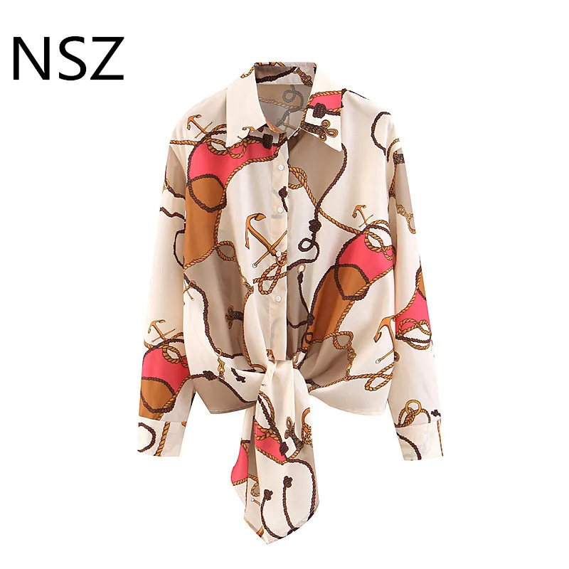 NSZ Women Chain Print Tie Front Blouse Long Sleeve Turn Down Collar Cropped Shirt Crop Top Lady Elegant Top Camisa
NSZ Women Chain Print Tie Front Blouse Long Sleeve Turn Down Collar Cropped Shirt Crop Top Lady Elegant Top Camisa