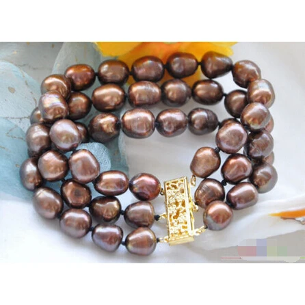 P4283 3row 8" 12mm coffee rice FRESHWATER CULTURED pearl bracelet Noble style Natural Fine jewe Fast (D) SHIPPING