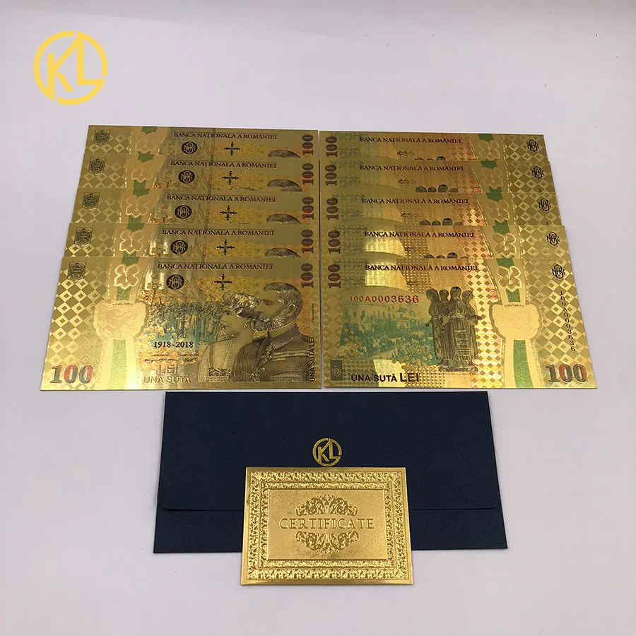 HOT 10pcs Colored Romanian Gold Banknote 100 Lei souvenir Currency for 100th anniversary of the unification of Romania
HOT 10pcs Colored Romanian Gold Banknote 100 Lei souvenir Currency for 100th anniversary of the unification of Romania