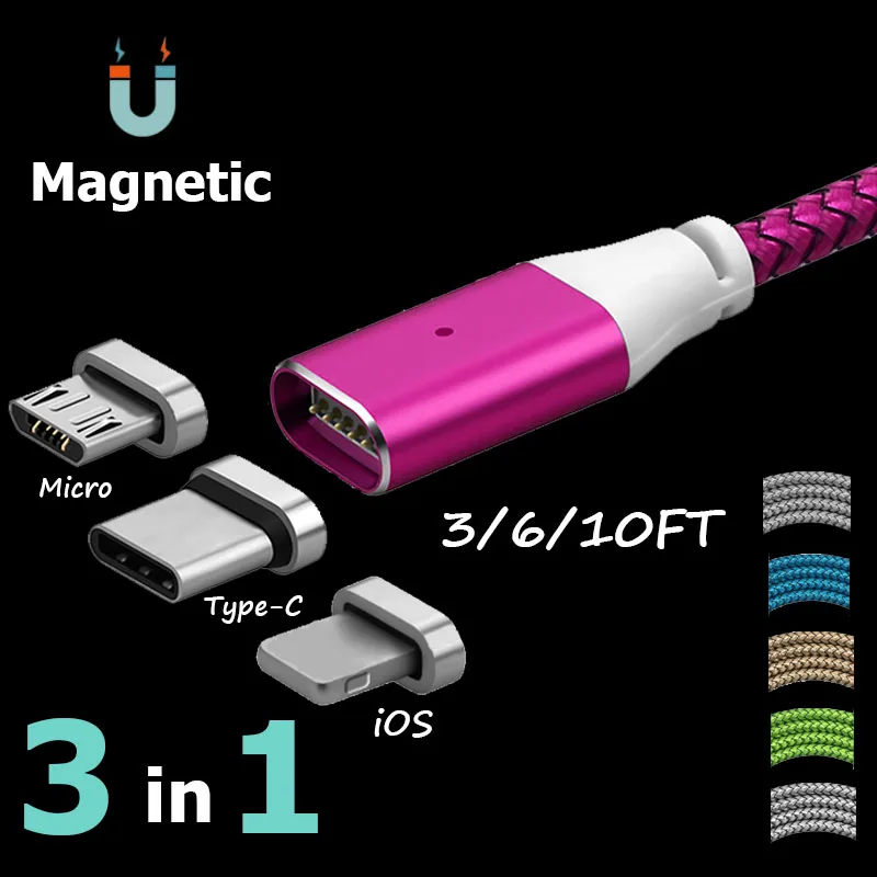 Фото Магнитный адаптер 3/6/10 футов 3 в 1/IOS/Micro/USB-C плетеный кабель для быстрой зарядки Samsung