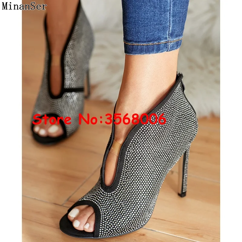 V-shaped Spring Autumn Peep Toe Crystal Embellished Ankle Booties Slip-on Rhinestone Thin High Heels Sexy Short Boots Shoes
V-shaped Spring Autumn Peep Toe Crystal Embellished Ankle Booties Slip-on Rhinestone Thin High Heels Sexy Short Boots Shoes