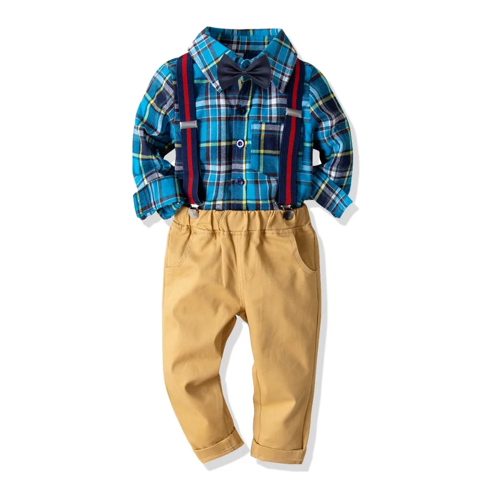 2019 Cotton Plaid Shirt+Pants Baby Boy Clothing Sets Gentleman Clothes Outfits Bebes Suits 2 to 8 Years Old 4 PCS Set |