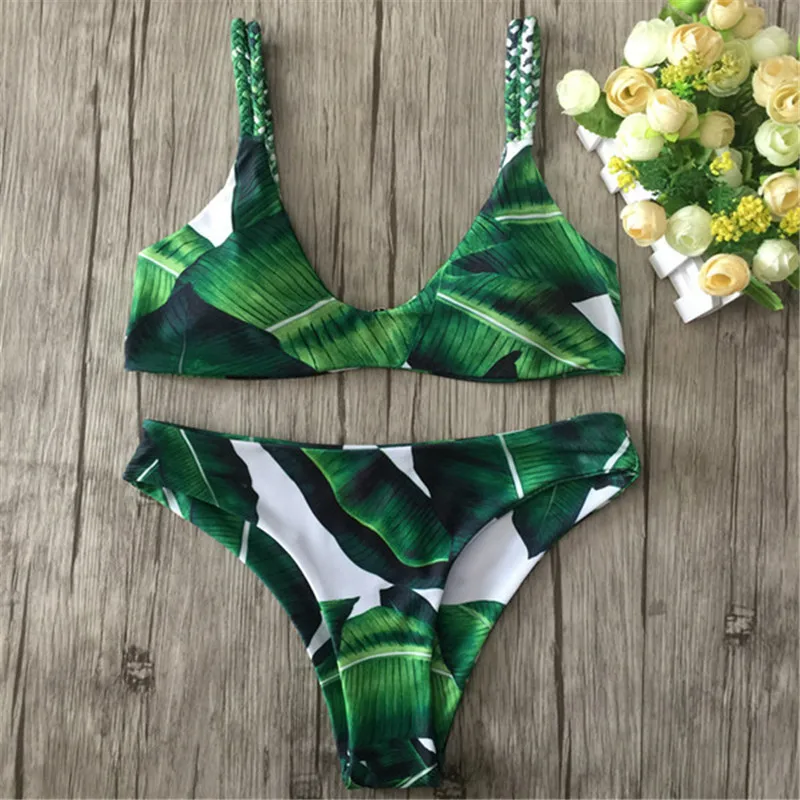 

Sexy Brazilian Bikini Set Swimwear White Women Swimsuit Bathing Suit Cami Palm Leaf Print Biquini Swim Suit Maillot De Bain D#