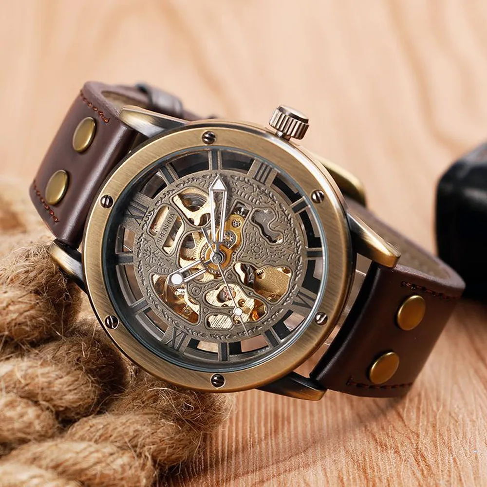 Men Mechanical Skeleton Watch Hand Wind Up Gold Dial Brown Leather Strap box clock watch band automatic strap Christmas gift_12.
Men Mechanical Skeleton Watch Hand Wind Up Gold Dial Brown Leather Strap box clock watch band automatic strap Christmas gift_12.