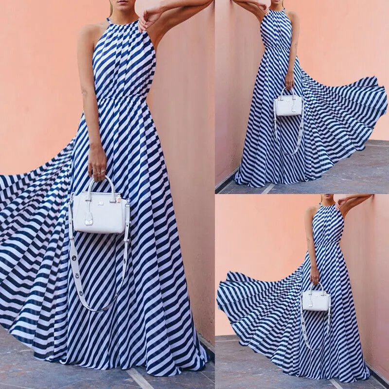 2019 New Women Ladies Summer Beach Long Maxi Sleeveless Halter Dress Wave Stripe Evening Party Long Sundress Slip Dress 
2019 New Women Ladies Summer Beach Long Maxi Sleeveless Halter Dress Wave Stripe Evening Party Long Sundress Slip Dress