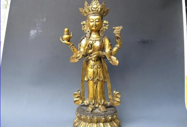 

Elegant old S0879 24"Temple Folk classical Old Bronze Gild Four-arm Avalokitesvara Kwan-Yin Pair statue